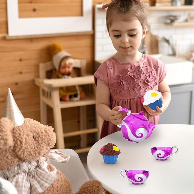 Princess Tea & Treats Water Toy Set - Girls Bath & Pool Tea Party Playset - Teapot, 2 Tea Cups, and 2 Silicone Cupcakes That Spray Water - Water Safe Toys - Toddler Summer Princess Party Favor & Decor