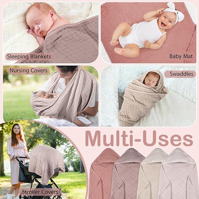 Peryiter 4 Pcs Muslin Hooded Baby Towels 32 x 32 Inch Cotton Newborn Bath Essentials Muslin Infant Blankets Absorbent Registry Gifts for Girl Boy Kids Baby Shower (Beige Series)