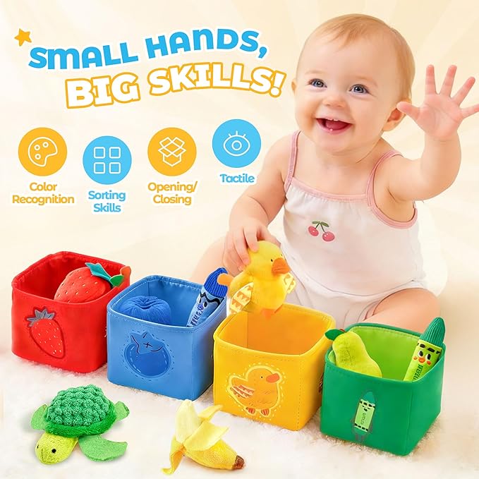 JoyCat Montessori Baby Toys 6-12 Months, 12 PCS Sensory Color Sorting Boxes with Animal Fruit Crinkle Crayon Pushies, First Learning Toys for 1 Year Old Baby Toys 0-12 Months