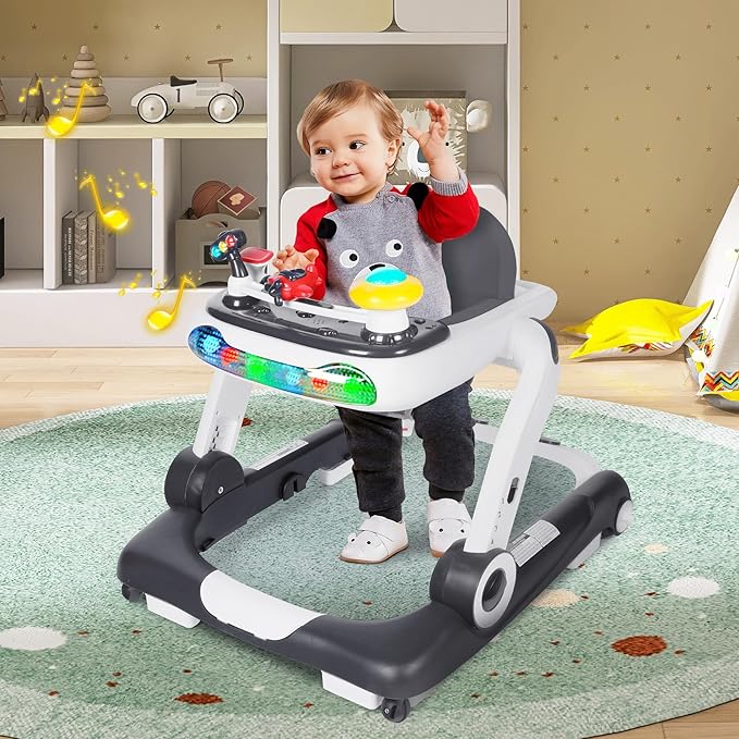 TODEFULL 6 in 1 Baby Walker, Baby Activity Walker for Toddler, Push Walker w/Adjustable Height Speed, Learning-Seated & Walk-Behind, Infant Walker w/Feeding Tray & Music Toys, Grey