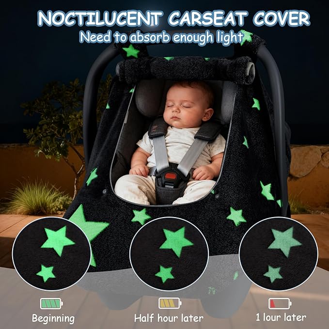Car Seat Cover Baby Boys Girls, Soft Flannel Infant Carseat Cover with 2 Zipper Windows, Star Carrier Cover Canopy Glow in The Dark, Comfortable & Machine Washable, Gray