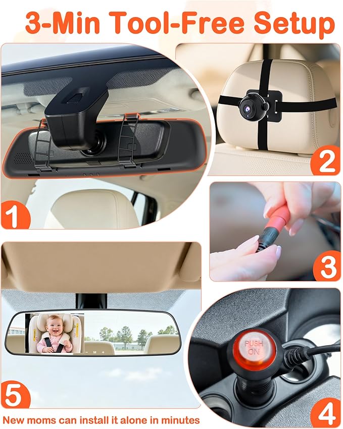 Pemacom Baby Car Mirror Camera: Dash-Free 4.3-inch HD Clear Night Vision Wide Angle View for Infant Backseat Monitoring - Plug-Play No-Professional Installation for Parents Long Road Driving