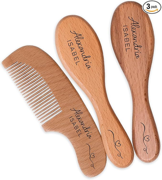 Personalized Wooden Baby Brush and Comb Set | Optional Icons and Fonts | Custom Wooden Baby Brush and Comb Set | Personalized Baby Gifts | Baby Gift Girls, Boy