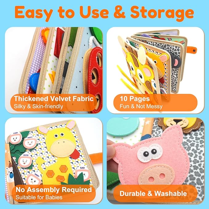 Busy Book for Toddlers 1-3, Felt Animals Busy Board for 1 Year Old Montessori Toys, Peekaboo Quiet Book, Airplane Travel Toys, Educational Learning Activity, Birthday Gifts for Boys & Girls