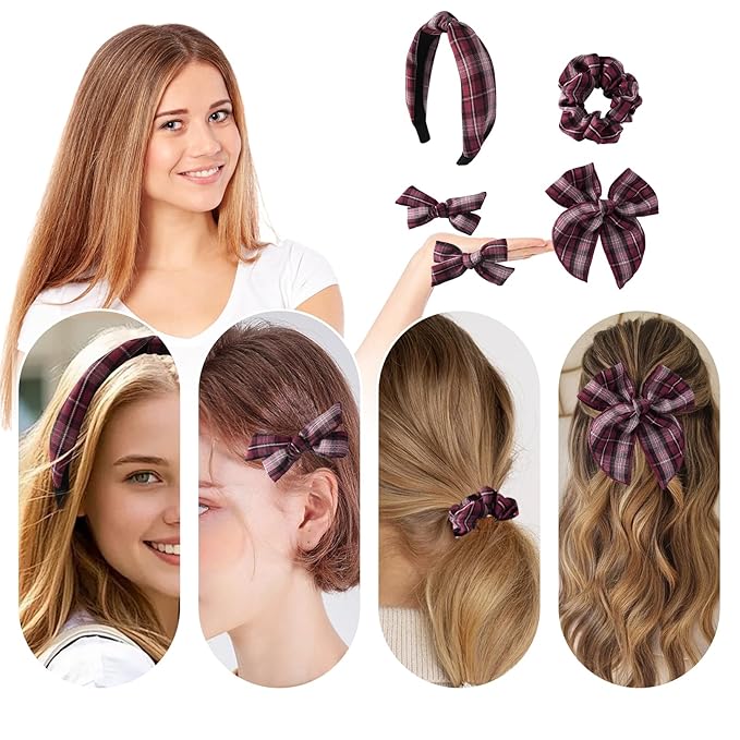 5 Pcs Striped Headband Set with Hair Knotted Scrunchies Bow, Padded Headbands for Women, Christmas Hair Bows & Clips Accessories for Girls (Red-A)