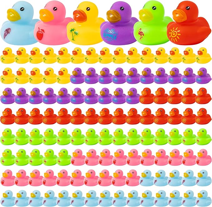 Haooryx Summer Mini Rubber Duck - 120Pcs Hello Summer Ducky Squeak Bathtub Float Bath Toy Novelty Squeak Duck for Kids Holiday Party Decor Classroom Reward Birthday Gift Baby Shower Party Favor Supply