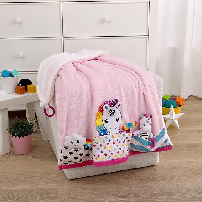 NoJo Sassy Baby Ulbright Unicorn Pink, Multi-Colored Super Soft Sherpa Baby Blanket with Teether Corners