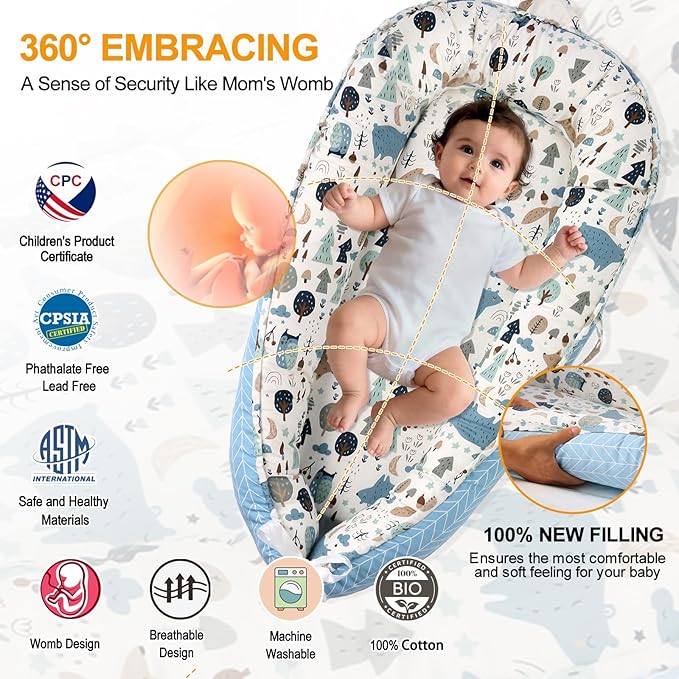 Baby Lounger - Baby Lounger for Newborn, 0-24 Months, Reversible Adjustable Newborn Lounger Baby Nest for Home and Travel, 100% Organic Cotton Washable Infant Lounger Cover, Essential Baby Gift (Blue)