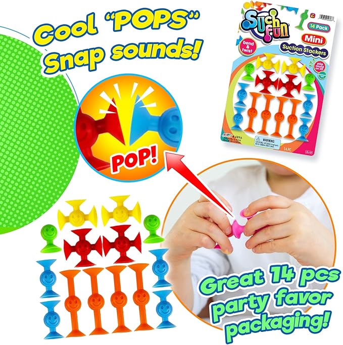 JA-RU Mini Suction Cup Toys (4 Pack, 14 Pieces Each) – Colorful Suction Cup Bath Toys for Kids, Stress Relief Fidget Toy, Bulk Party Favors & Sensory Bin Filler. 4896-4s