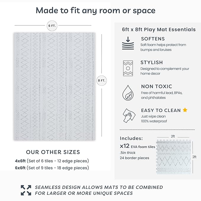 Little Landings Baby Play Mat for Floor - Boho (6x8ft) - Premium EVA Foam Play Mat for Babies & Toddlers (Ages 0-5+) - Non-Toxic Playmat for Tummy Time, Crawling & Playroom - Stylish & Comfortable