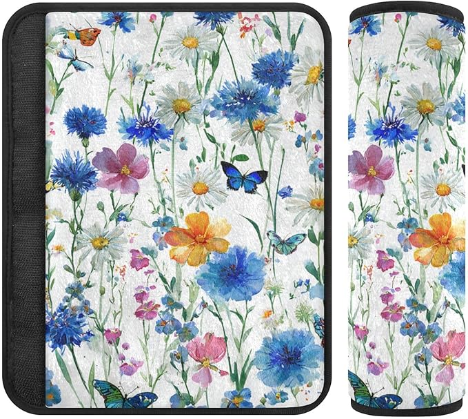 2 Pack Seatbelt Covers Seat Belt Cover Pad for Adults Boys Girls Car Seat Strap Covers Pads Cushion Universal Shoulder Strap Pad Protector for Backpack Camera Bag 6.5 Inch Watercolor Cornflower Daisy