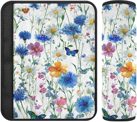 2 Pack Seatbelt Covers Seat Belt Cover Pad for Adults Boys Girls Car Seat Strap Covers Pads Cushion Universal Shoulder Strap Pad Protector for Backpack Camera Bag 6.5 Inch Watercolor Cornflower Daisy