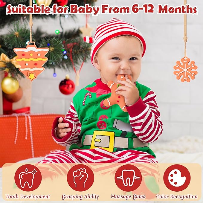 Christmas Baby Silicone Teething Toys - 3Pcs Gingerbread Tree Snowflake Design Baby Soothe Teething Chew Toys Infants Soft Teether Toys Toddler The First Christmas Gifts for Babies Newborn 6-12 Months