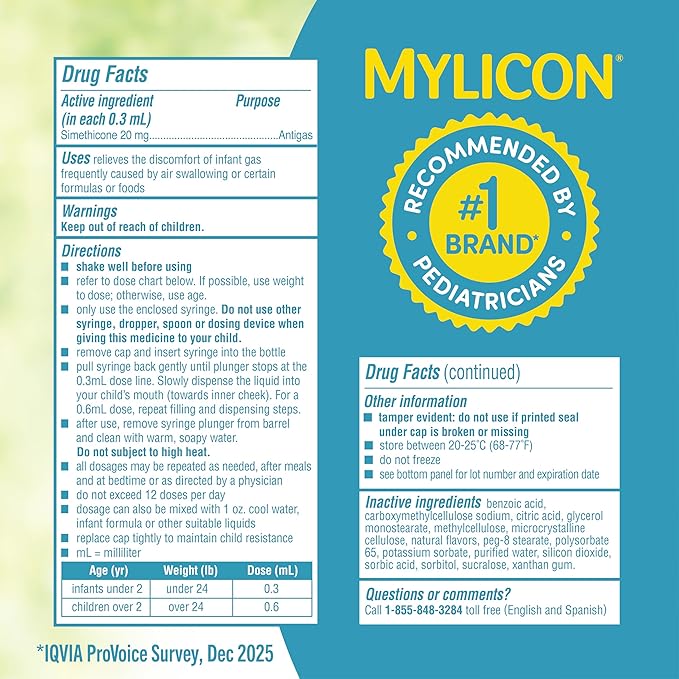 MYLICON Gas Relief Drops for Infants and Babies, Dye Free Formula, 0.5 Fluid Ounce