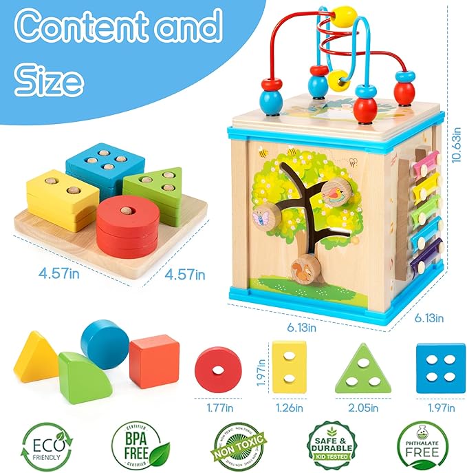 WOODMAM Wooden 7-in-1 Activity Cube, Montessori Toys for 1 Year Old Toddlers, Baby Educational Developmental Toys, One Year Old Boys Girls First Birthday Gifts with Bonus Sorting & Stacking Board