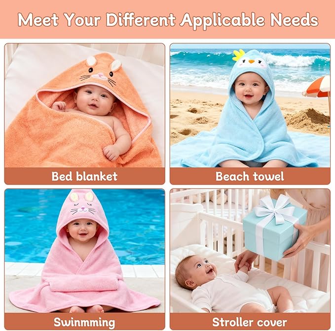 14 PCS Baby Towels, 3 PCS Soft Hooded Baby Towels & 11 PCS Washcloths, Baby Bath Towels for Newborns, Infants & Toddlers, Ultra Absorbent, Cute Baby Towel Gift for Girls