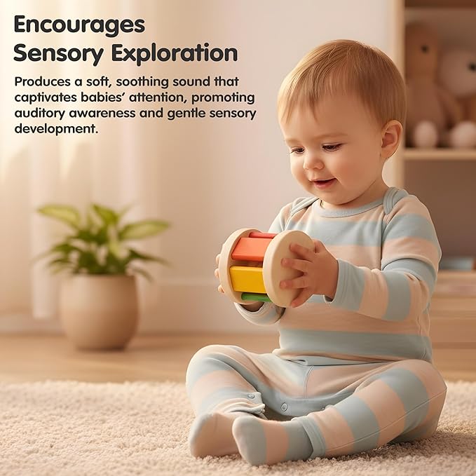 PlanToys® Wooden Roller Rattle Toy for Babies | Montessori Baby Sensory Toy with Gentle Sound | Eco-Friendly Crawling & Motor Skill Toys for Infants
