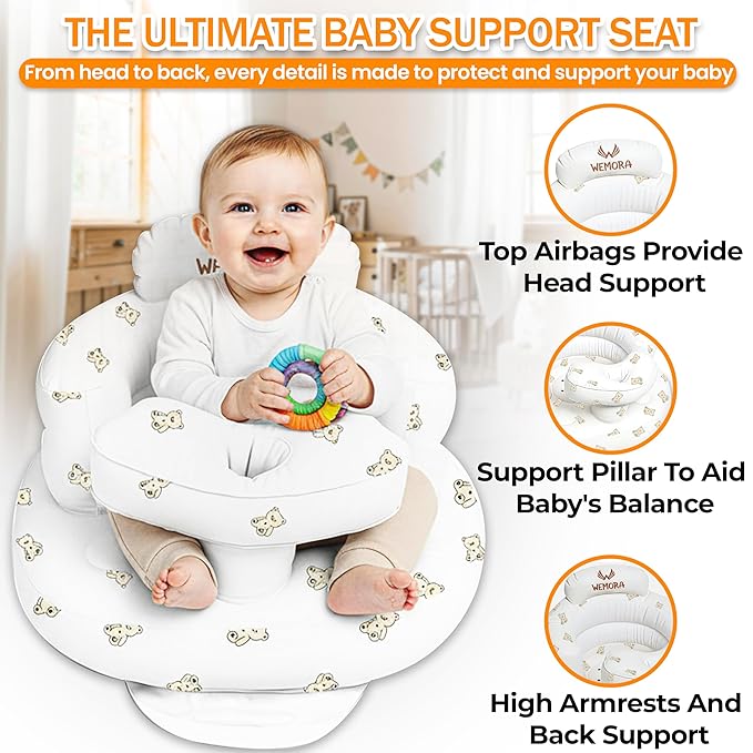 Inflatable Baby Seat for Babies 3-36 Months Blow Up Chair for Babies Infants Toddler Floor Sitting Up with Built in Air Pump (White, Bear)