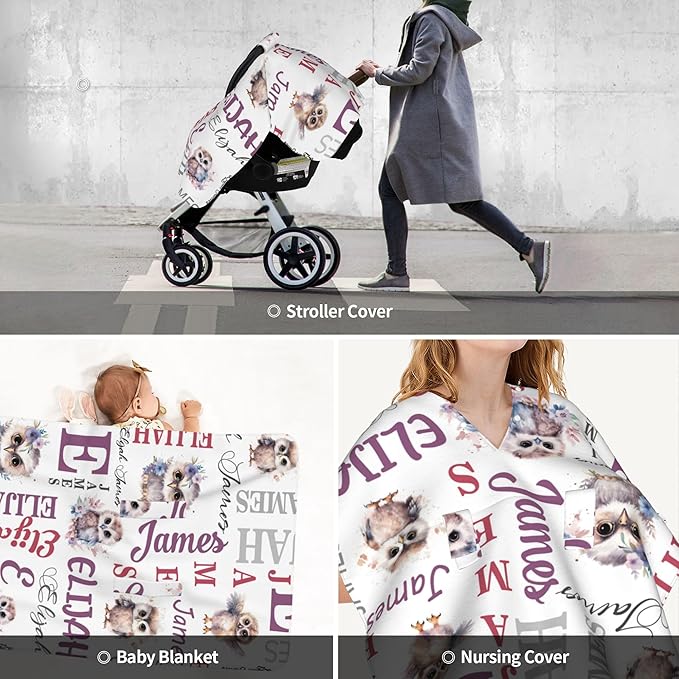 Personalized Baby Car Seat Canopy Minky Owl Baby Blanket Custom Name Baby Car Seat Cover Girls Boys Infant Newborn Carseat Canopy Nursing Cover for Stroller Car Seat Canopies