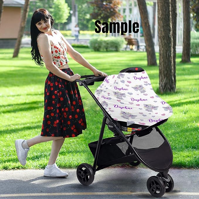 Personalized Cute Elephant Pink Baby Car Seat Covers with Name, Custom Nursing Cover Breastfeeding for Babies, Carseat Canopy for Girls, Infant Stroller Cover, Breathable Carseats Cover