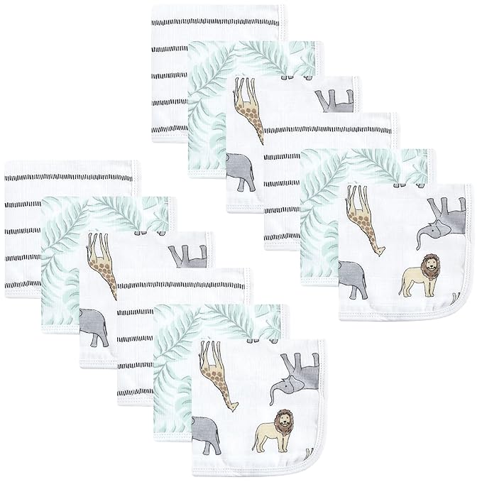 Hudson Baby Unisex Baby Cotton Muslin Washcloths, Modern Neutral Safari, One Size