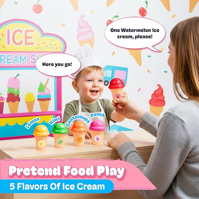 JoyCat Ice Cream Toy Set for Toddlers 1-5, Color Sorting & Stacking Toys, Pretend Play Food for Boy Girls Kids, Educational Fine Motor Skills Gift (5 Cones 5 Scoops)