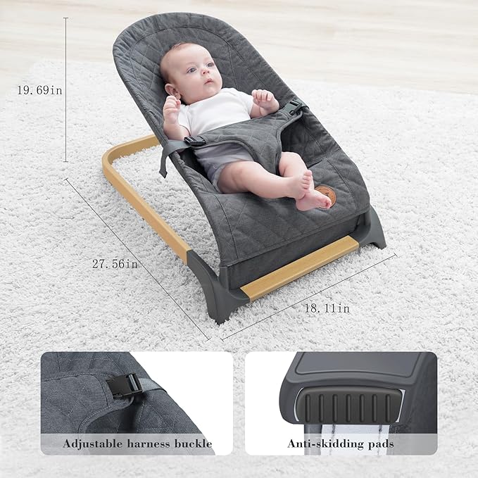 ANGELBLISS Baby Bouncer, Portable Bouncer Seat for Babies, Infants Bouncy Seat with Wood Grain Base, Natural Vibrations (Grey)
