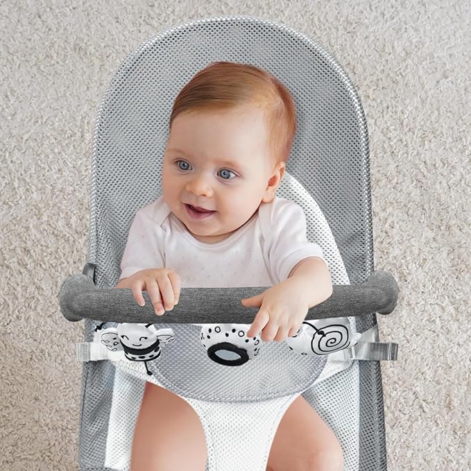 iGRATENS Baby Bjorn Bouncer Toy Bar, Toy Bar for Baby Bouncer Bliss and Balance Soft with 3 PCS Cute Sensory Toys, Easy to Attach and Remove, Skin -Friendly, Machine Washable, Black and White, Soft