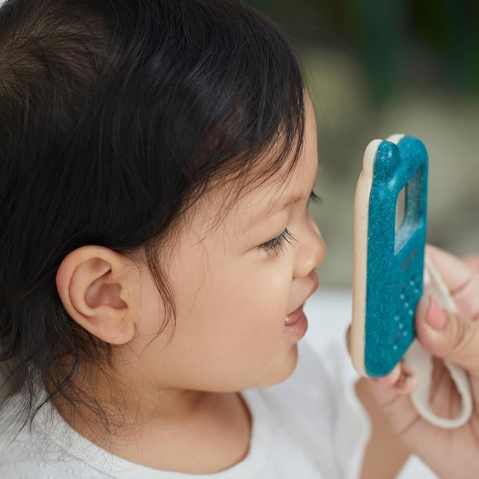 PlanToys® Wooden My First Phone Toy for Toddlers | Montessori Baby Sensory Toy with Magnifier Screen & Buttons | Pretend Play Cell Phone for Learning & Development