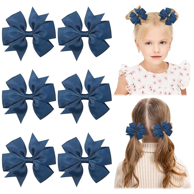 Choicbaby 3 Inches Hair Bows for Girls Navy Blue Grosgrain Ribbon Pinwheel Hair Bows Clips Toddler Hair Clips for Birthday Baby Shower Gifts 6 Pack Photo Props