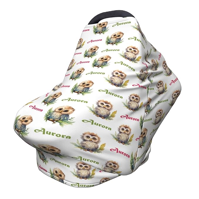 Personalized Baby Car Seat Covers for Babies, Custom Owl Nursing Breastfeeding Carseat Canopy with Name, Infant Stroller Covers for Newborn Girls Boys, Breathable Carseat Cover