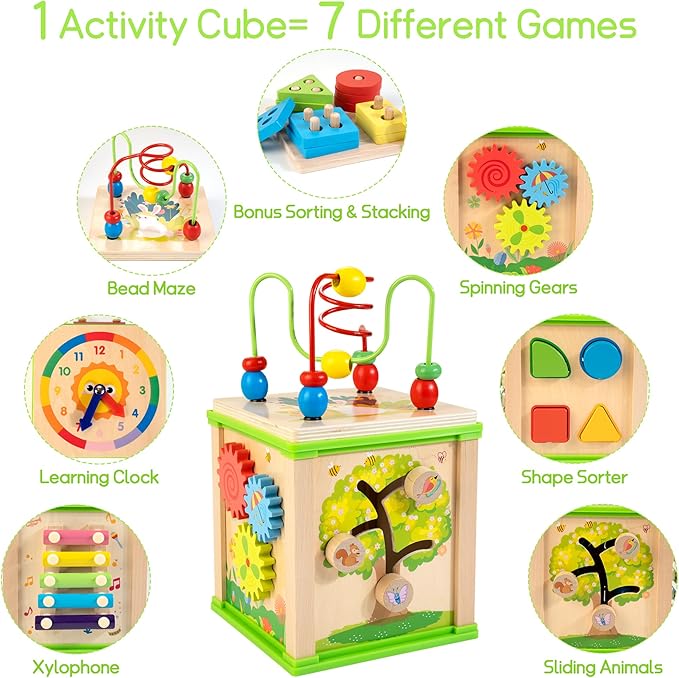 WOODMAM Wooden 7-in-1 Activity Cube| Montessori Toys for 1 2 3 Year Old Toddlers| Baby Educational Developmental Toys |One Year Old Boys Girls First Birthday Gifts |Bonus Sorting & Stacking Board