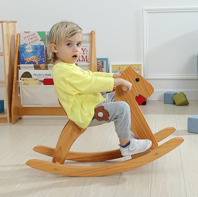Wooden Rocking Horse Baby Ride On Toy for Toddler Rocking Horse Classic Design with Pedal and Safe backrest for Toddlers (Pink)
