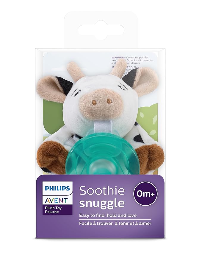 Philips Avent Soothie Snuggle Pacifier Holder with Detachable Pacifier, 0m+, Cow, SCF347/05
