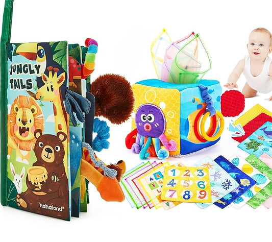 hahaland Baby Sensory Book & Baby Sensory Tissue Box Toy