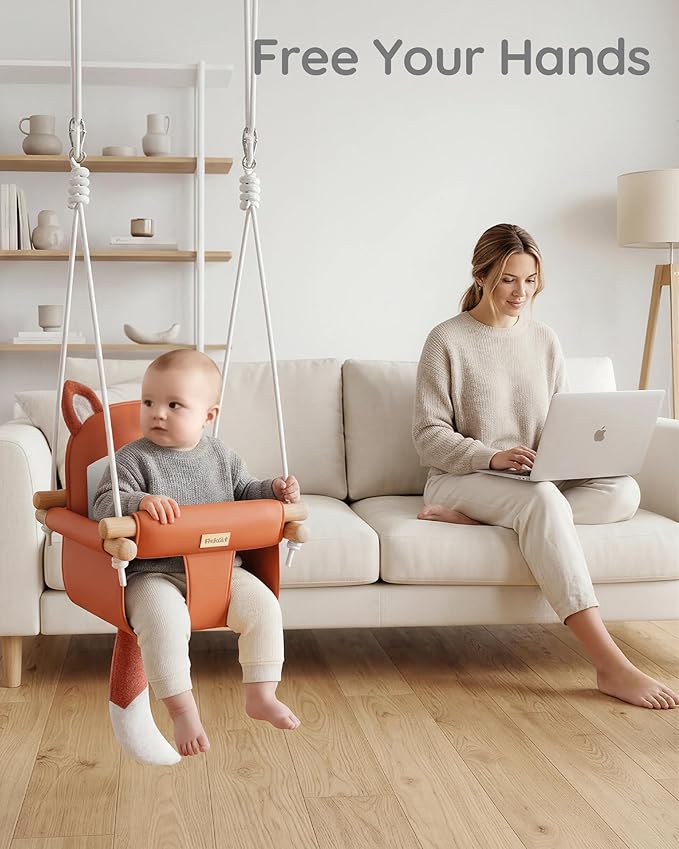 Wooden Baby Swing with Soft Safety Belt, Cozy Infant Swing Seat for Indoor & Outdoor Use, Adjustable Height, Includes Mounting Hardware – Suitable for Babies & Toddlers（Fox-Themed in Red）
