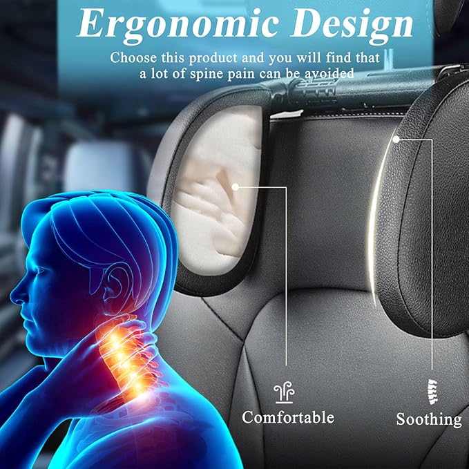 Car Headrest Pillow, 180 Degrees Adjustable Car Seat Headrest with Memory Foam, Head Rest Pillow for Car Suitable for Adults and Children to Sleep While Traveling, Black