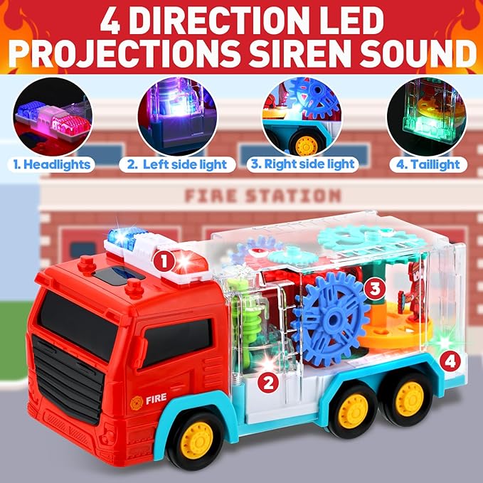 Fire Trucks for Toddlers 3-5, Light Up Sensory Car Toy for Kids, LED Transparent Bump Car with Rotating Gear, Cool Lights and Musical, Educational Crawling Toy for Baby, Birthday Gift for Boys Girls