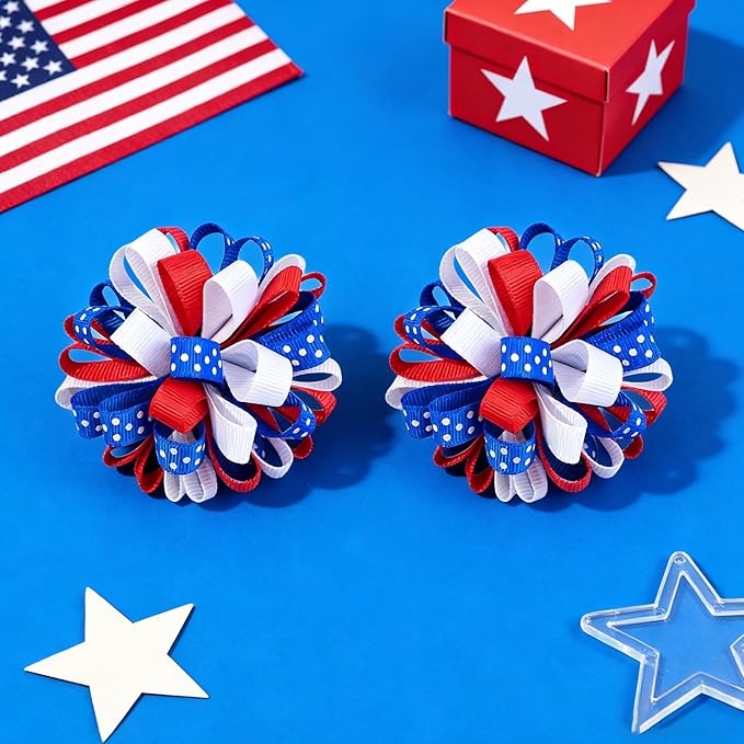 Patriotic Korker Hair Bow Clips Hair Accessories for Kids Girls 4th of July Party Accessories Red White Blue Bows Favors Decorations 4pcs