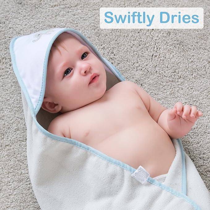 Viviland Baby Towels and Baby Wash Cloths Set Hooded Baby Towels Baby Wipes Absorbent Bath Face Towels Burp Cloths or Face Towels for Girl Boy 6-Pack Size 28 x 28 Inch(Blue Elephant)