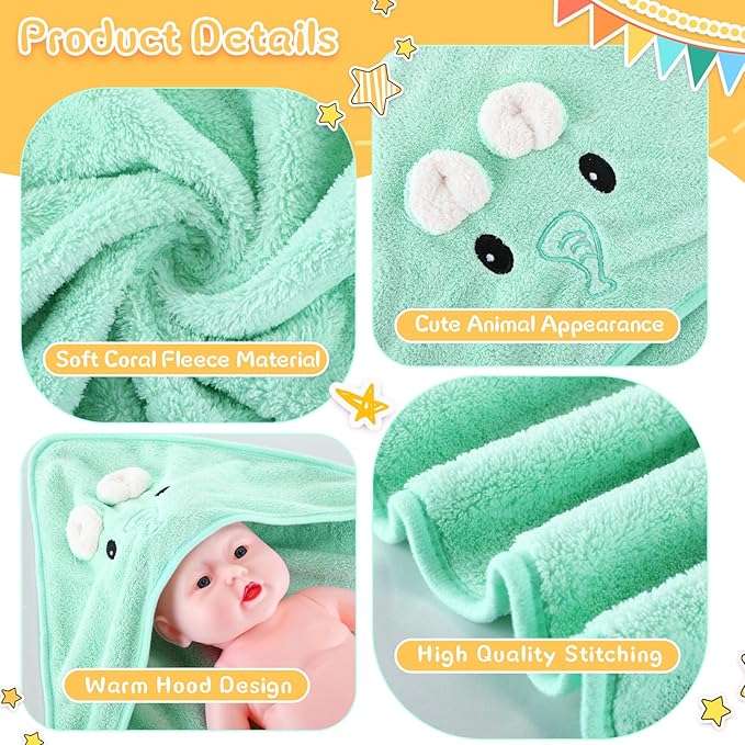 Preboun 4 Pcs Baby Bath Towel 31.5 x 31.5 Inch Coral Fleece Baby Hooded Towel Absorbent Soft Babys Towels for Newborn Cartoon Animal Hooded Bath Blanket for Kids Newborn Shower(Classic Color,Style A)