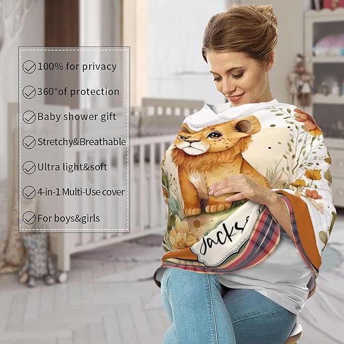 Personalized Lion Baby Car Seat Cover with Name,Multi-Use Canopy for Nursing, Strollers,Shopping Carts,Customized Breastfeeding Cover, Full Privacy,Infant Stroller Cover