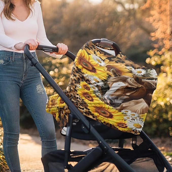 ZFRXIGN Sunflower Horse Baby Car Seat Cover Girls Nursing Scarf Carseat Canopy Gifts Multi-Use Cover Ups for Stroller High Chair Shopping Cart Daisy Leopard Cheetah