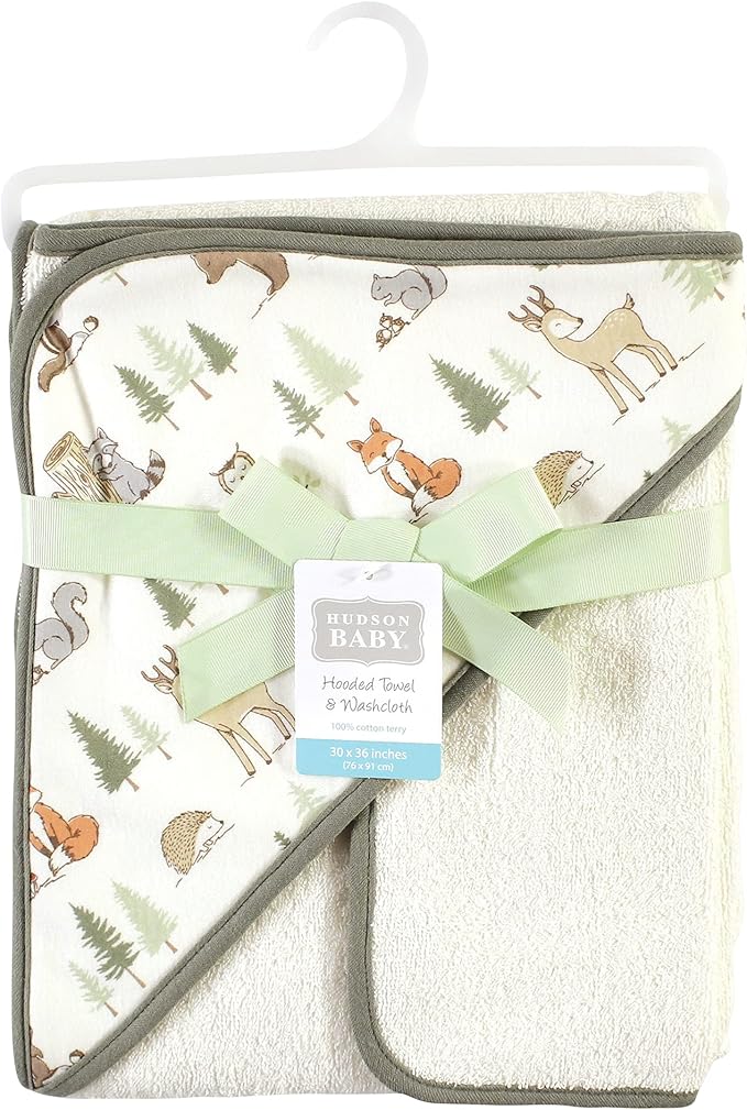Hudson Baby Unisex Baby Cotton Hooded Towel and Washcloth, Forest Animals, One Size