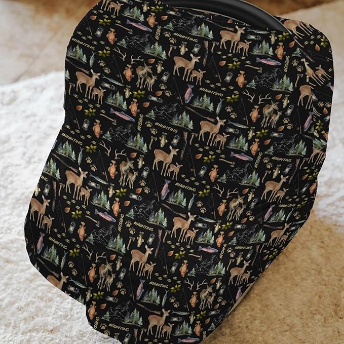 Fishing Hunting Life Baby Car Seat Covers Deer Bass Fish Forest Animal Stretchy 5-in-1 Cover Outdoor Adventure Adjustable Car Canopy Cover Nature Lover Gift Breathable Nursing Cover-Up