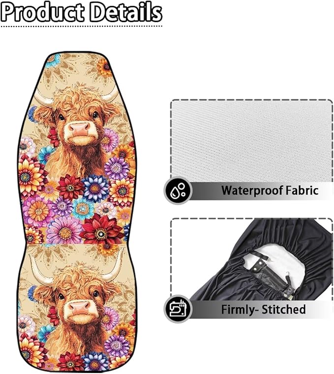 Highland Cow Flower Waterproof Car Seat Cover Universal Front Car Seats Easy to Install Breathable Front Seat Cover Universal for Auto Truck Van SUV 2 Pcs