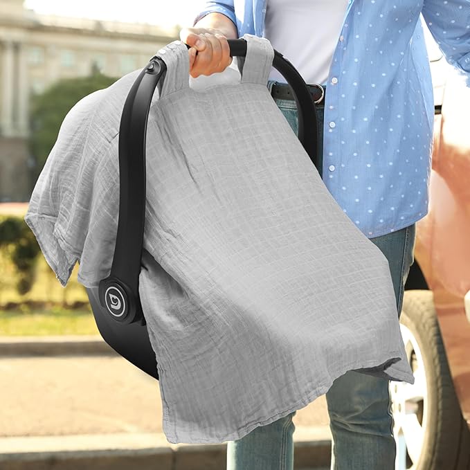 Meracorallo Muslin Baby Car Seat Cover, Lightweight Breathable Soft Infant Carrier Cover Carseat Canopy for Baby Boys and Girls, Gray