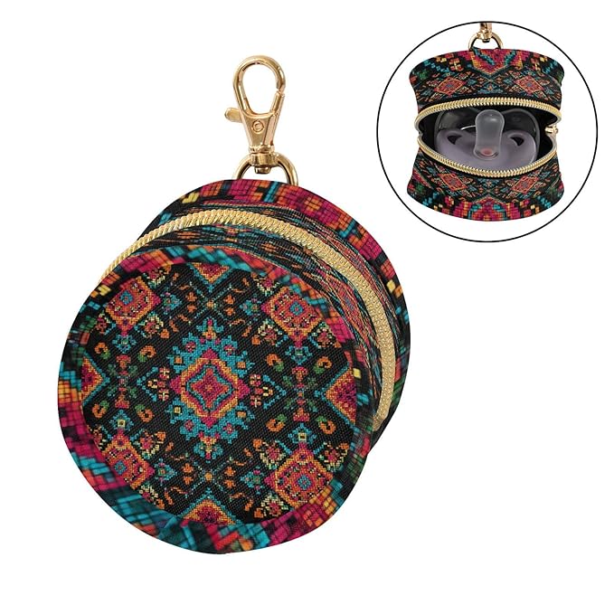 Pacifier Holder with Clip Pacifier Case for Diaper Bag Round Baby Pacifier Pouch Box Bag Portable Mexico Ethnic Geometric Red