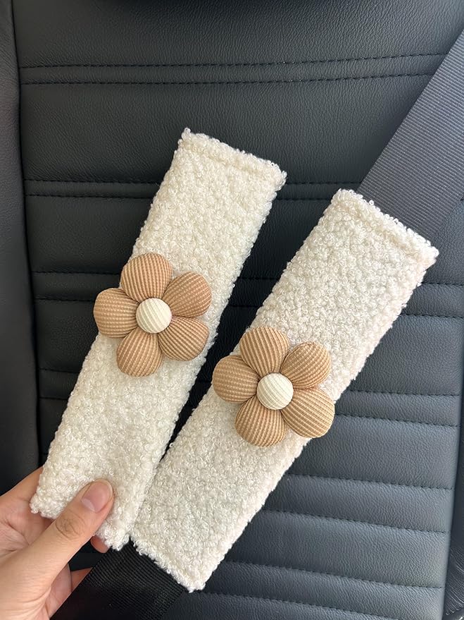 BNTR Car Seat Belt Cover 2 PCS Stocking Stuffers Cute Creative Flower Safety Seatbelt Shoulder Pad Auto Accessory Neck Cushion Protector Seatbelt Shoulder Protector Nice Gift (2-Pack Brown Flower)