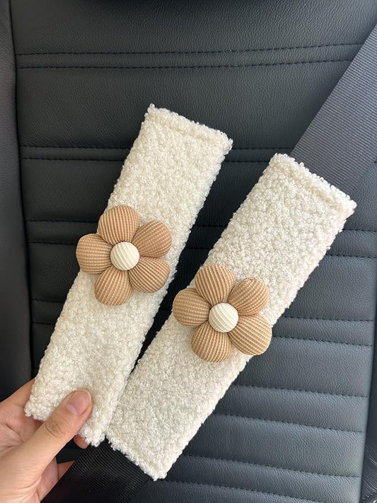 BNTR Car Seat Belt Cover 2 PCS Stocking Stuffers Cute Creative Flower Safety Seatbelt Shoulder Pad Auto Accessory Neck Cushion Protector Seatbelt Shoulder Protector Nice Gift (2-Pack Brown Flower)